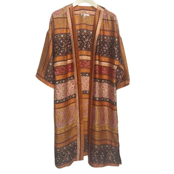 DR2 Kimono Duster Caftan Womens S/M Orange Paisley Floral Satin Boho Cover Up - Picture 1 of 6